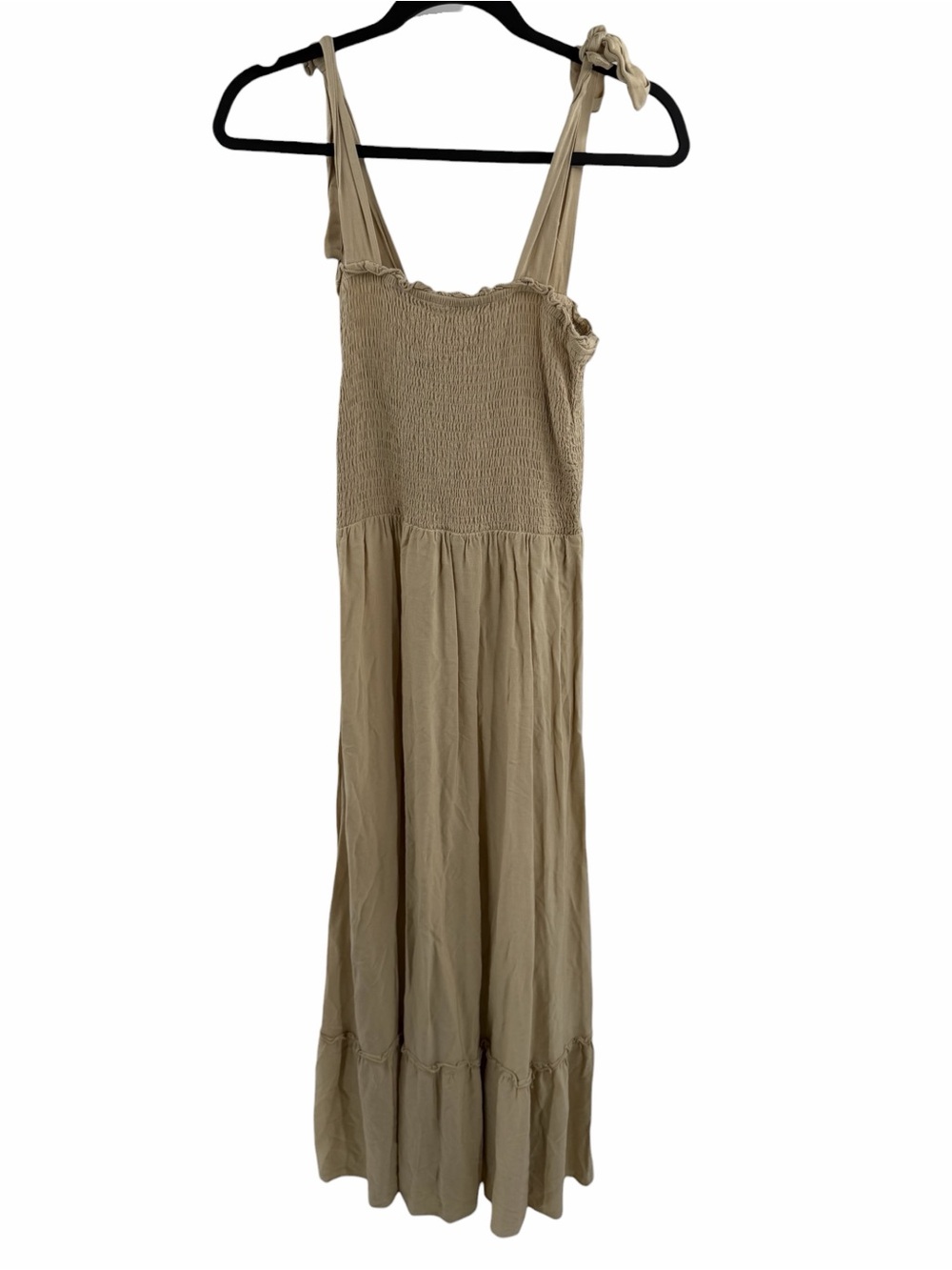 ZESICA SPAGHETTI STRAP RUFFLE MAXI DRESS Beige Yellow Tie-Shoulder Smocked Small - Picture 3 of 6